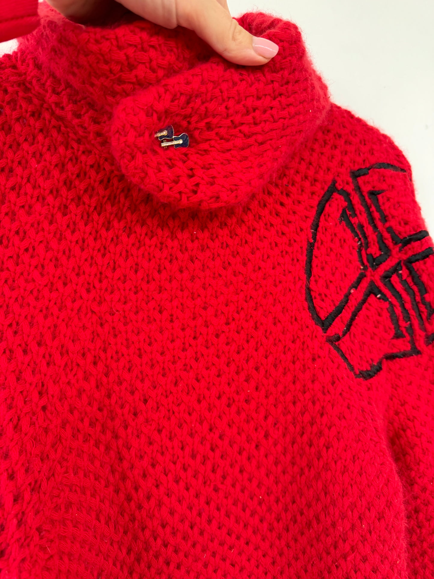 Red Crochet Wrap Neck Jumper