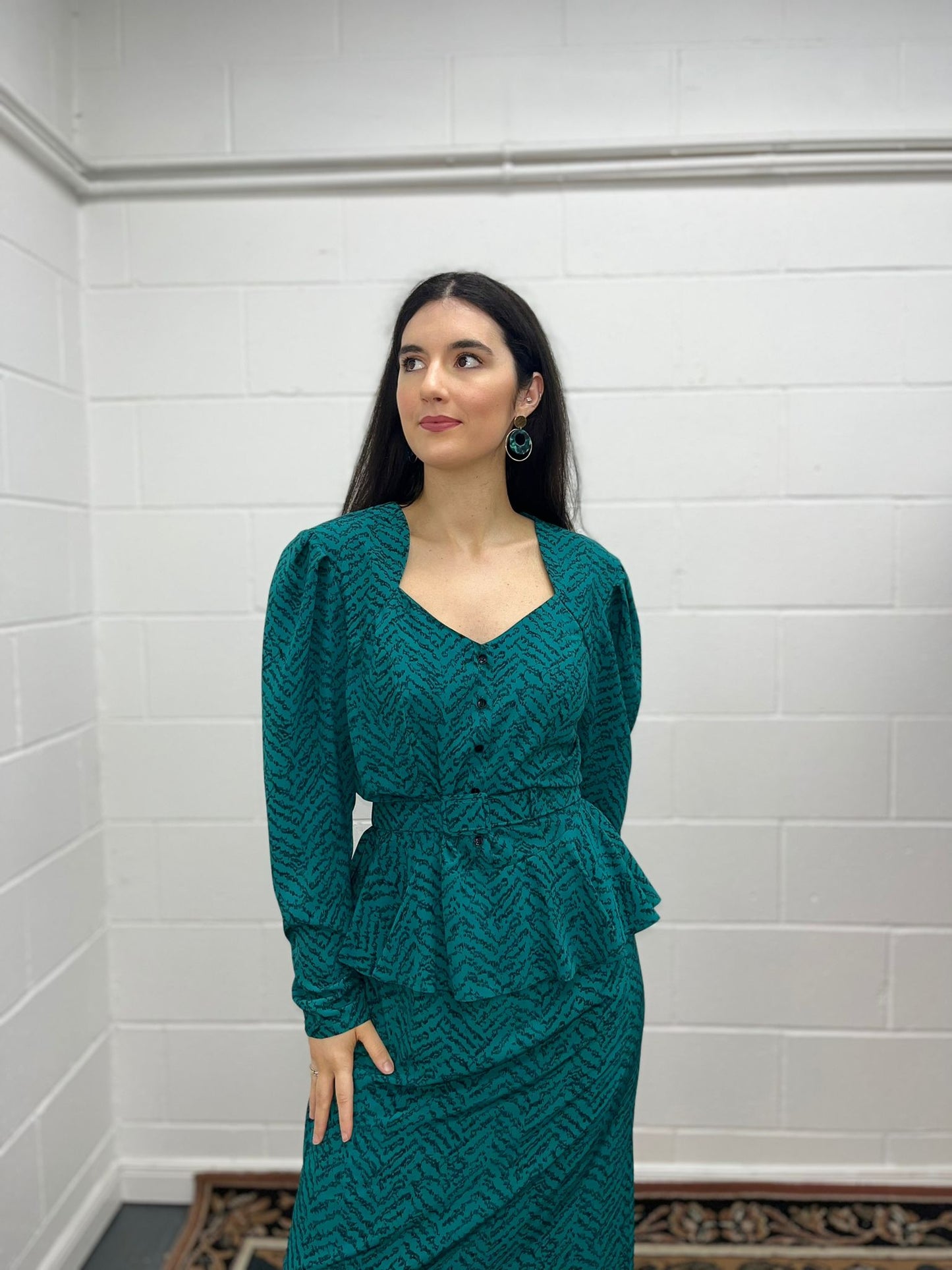 'Reflections' Peplum Belted Green Dress (Modern 10-14)