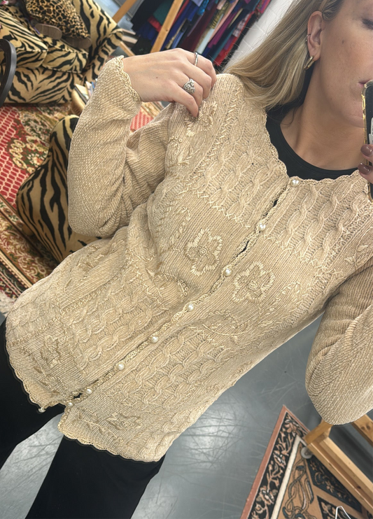 Cream 80s embroidered cardigan